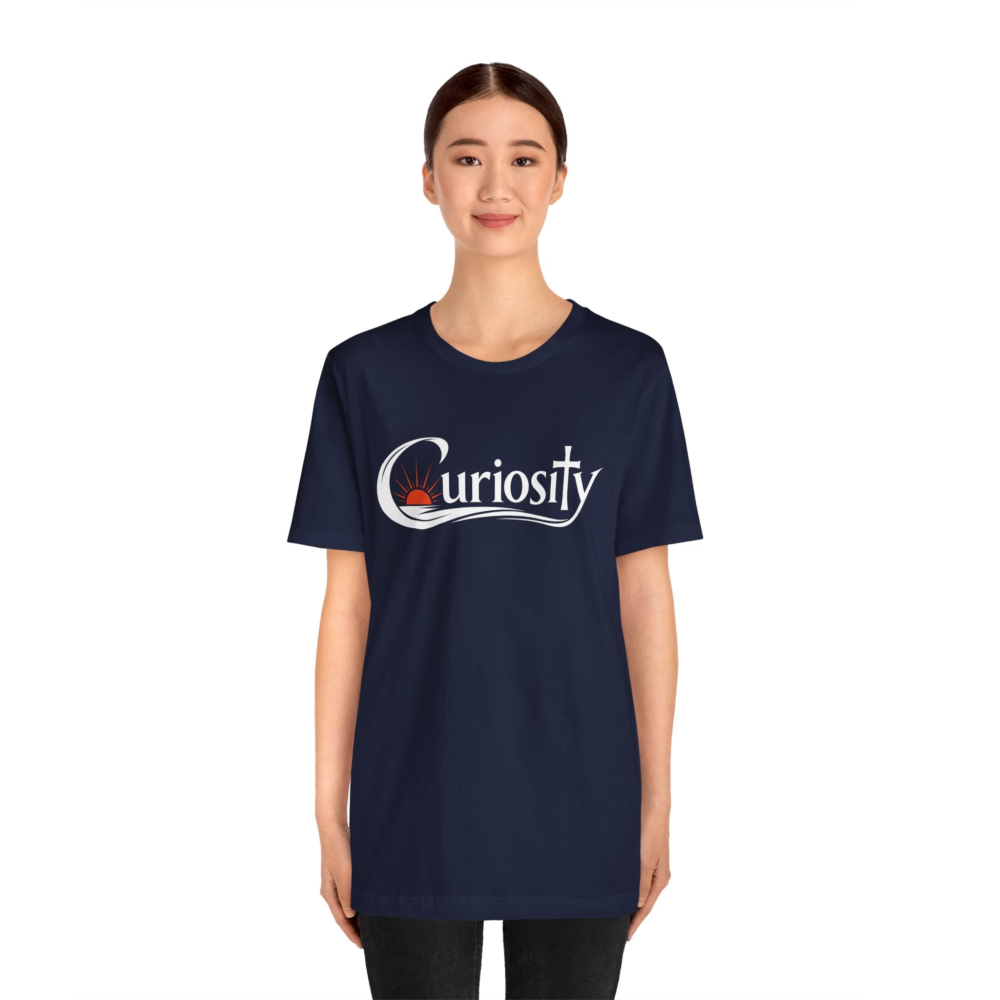 Curiosity Logo Tee | White Curiosity Text Graphic T-Shirt, Minimalist Science Design