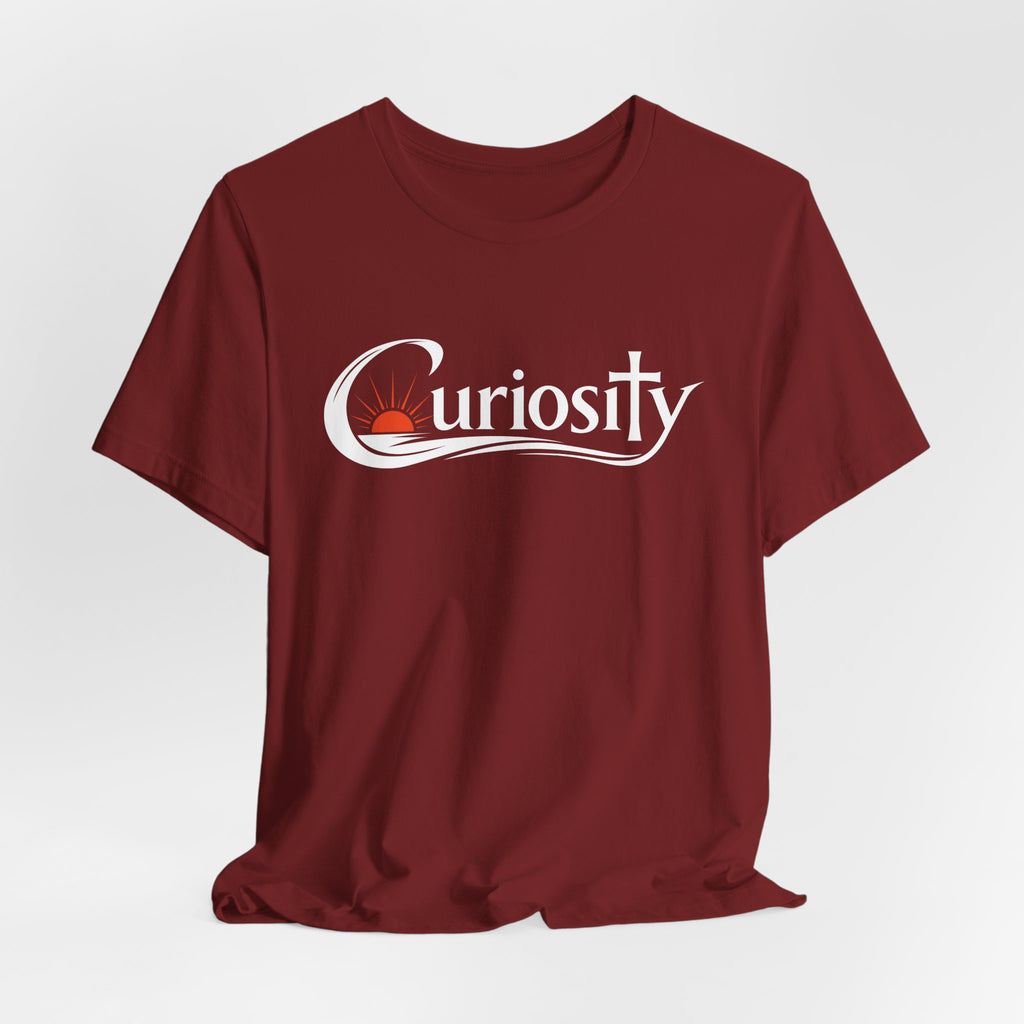 Curiosity Logo Tee | White Curiosity Text Graphic T-Shirt, Minimalist Science Design