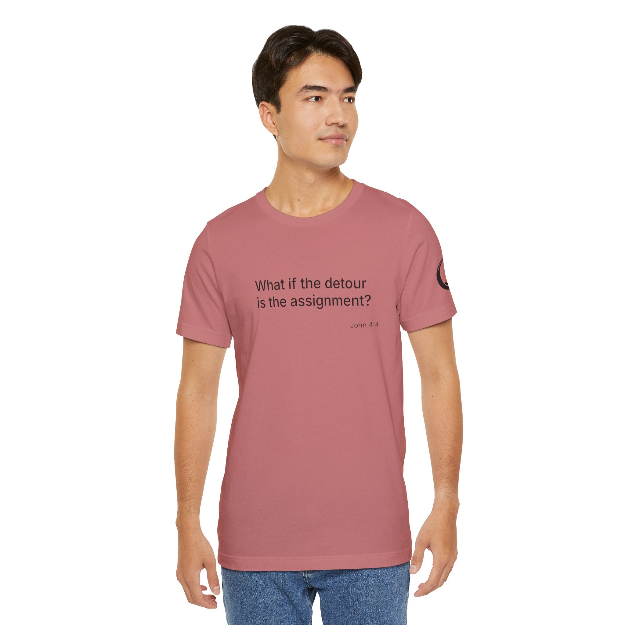 "What if the detour is the assignment?" Black Lettering & Logo – Minimal Motivational T-Shirt