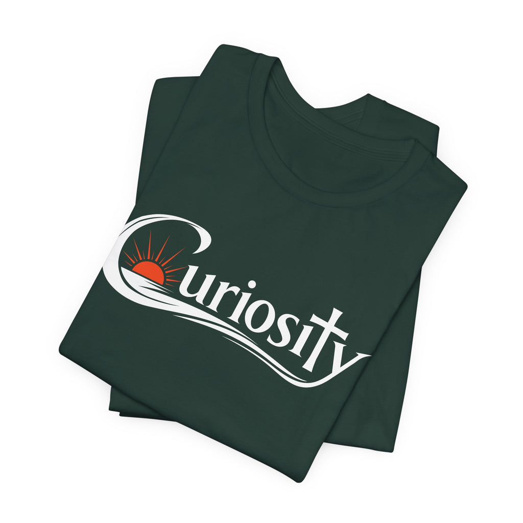 Curiosity Logo Tee | White Curiosity Text Graphic T-Shirt, Minimalist Science Design