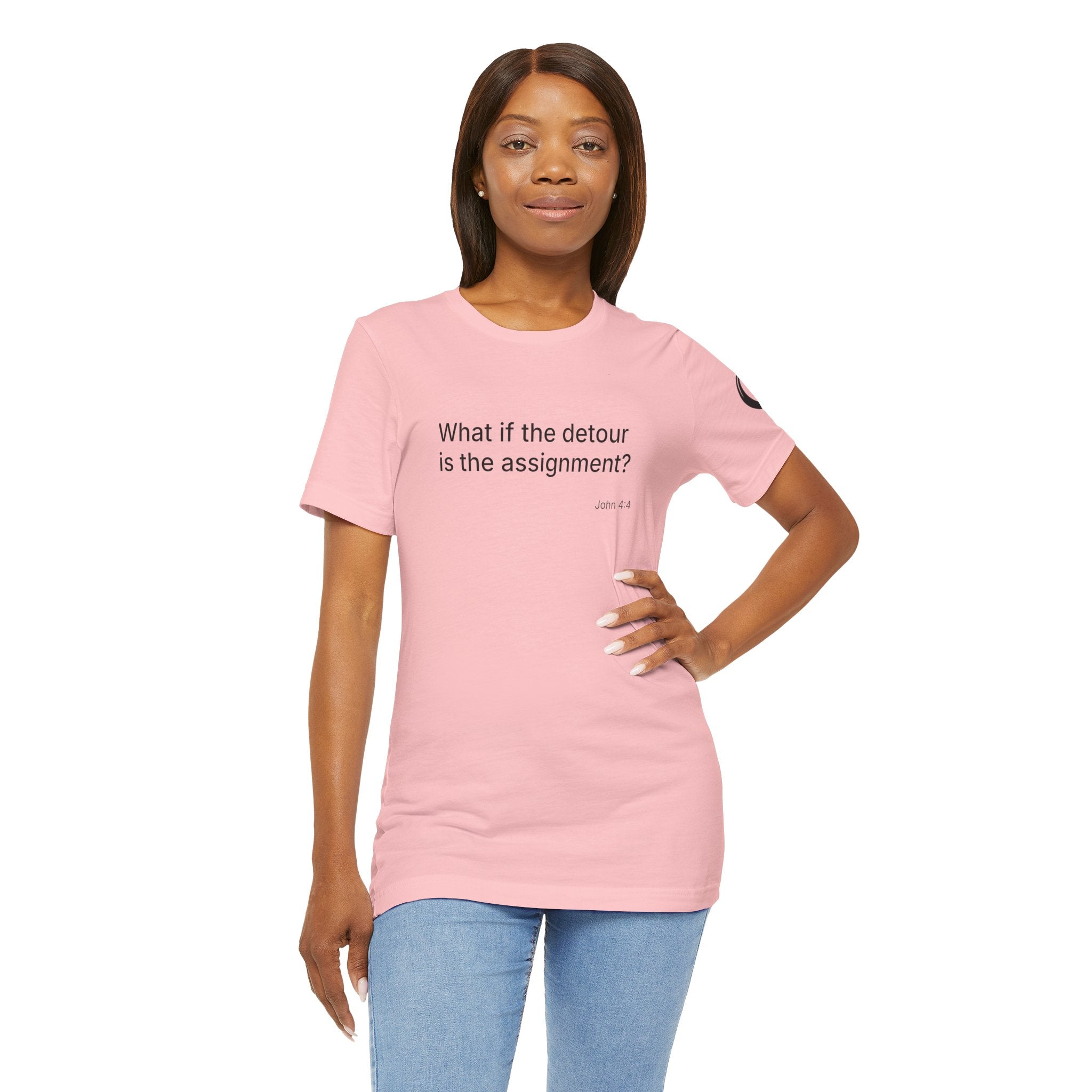 "What if the detour is the assignment?" Black Lettering & Logo – Minimal Motivational T-Shirt