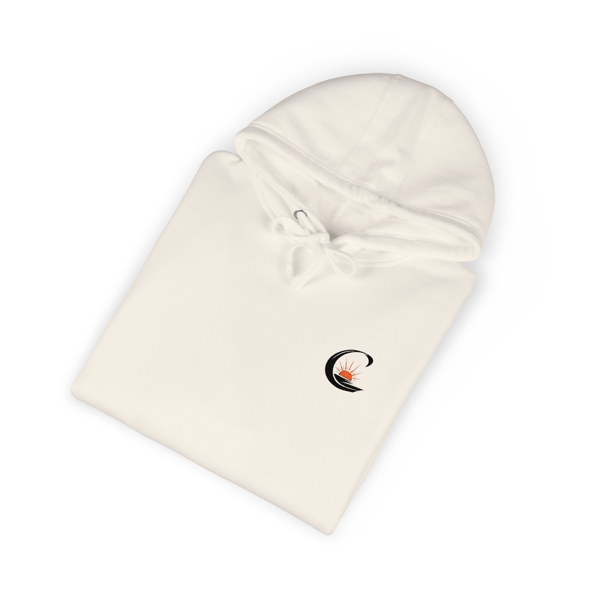 Curiosity Black Emblem Hoodie | Small Chest Graphic, Cream Pullover