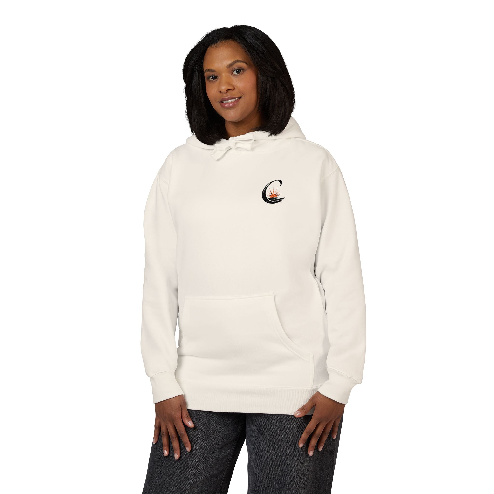 Curiosity Black Emblem Hoodie | Small Chest Graphic, Cream Pullover
