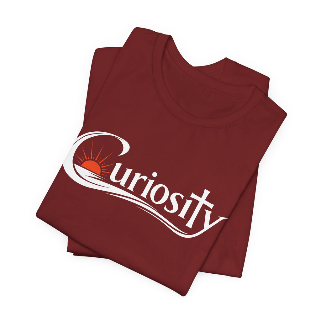 Curiosity Logo Tee | White Curiosity Text Graphic T-Shirt, Minimalist Science Design