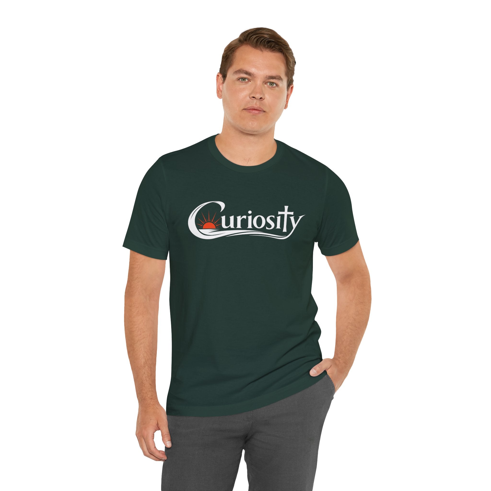 Curiosity Logo Tee | White Curiosity Text Graphic T-Shirt, Minimalist Science Design