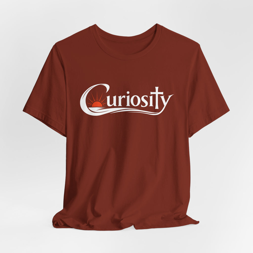 Curiosity Logo Tee | White Curiosity Text Graphic T-Shirt, Minimalist Science Design