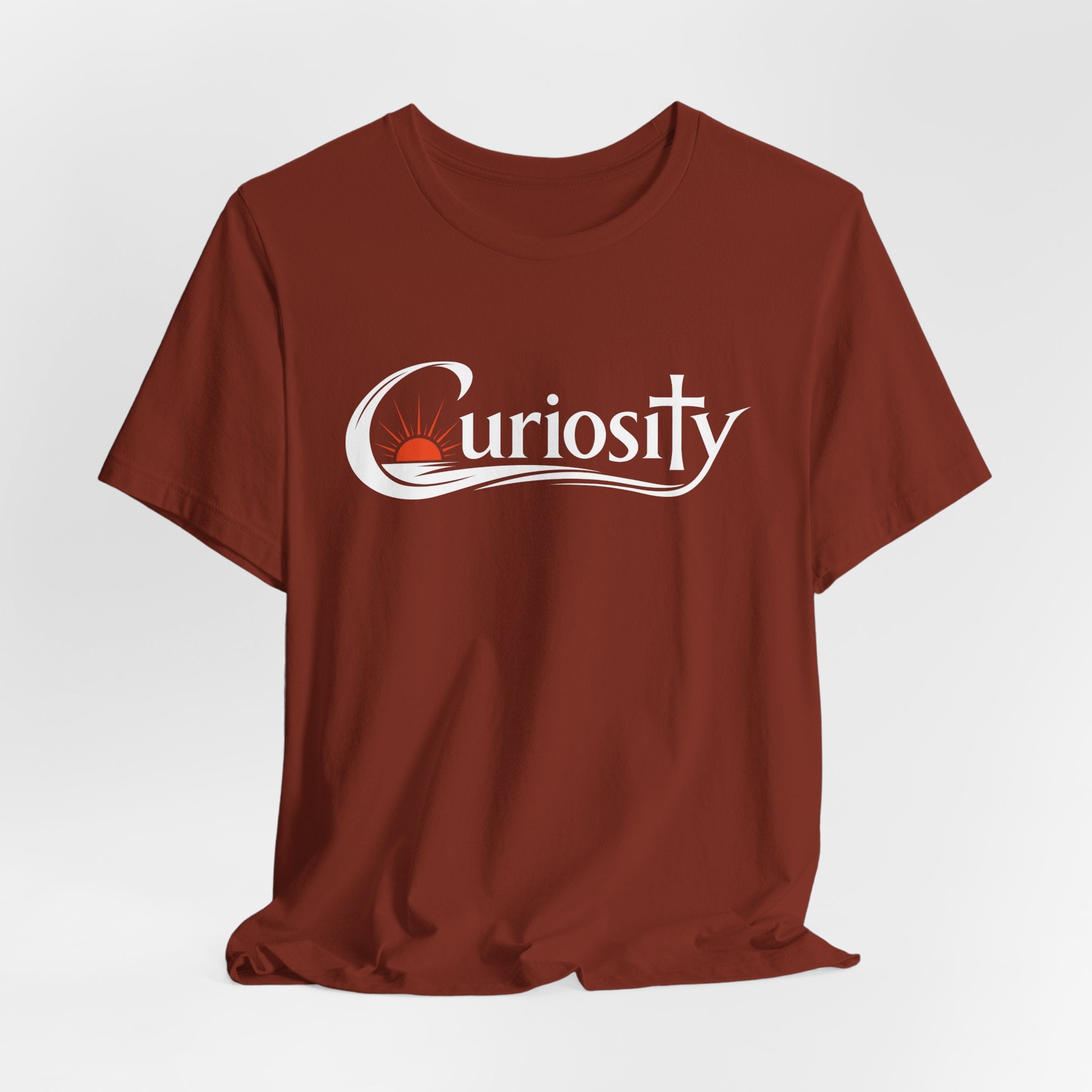 Curiosity Logo Tee | White Curiosity Text Graphic T-Shirt, Minimalist Science Design