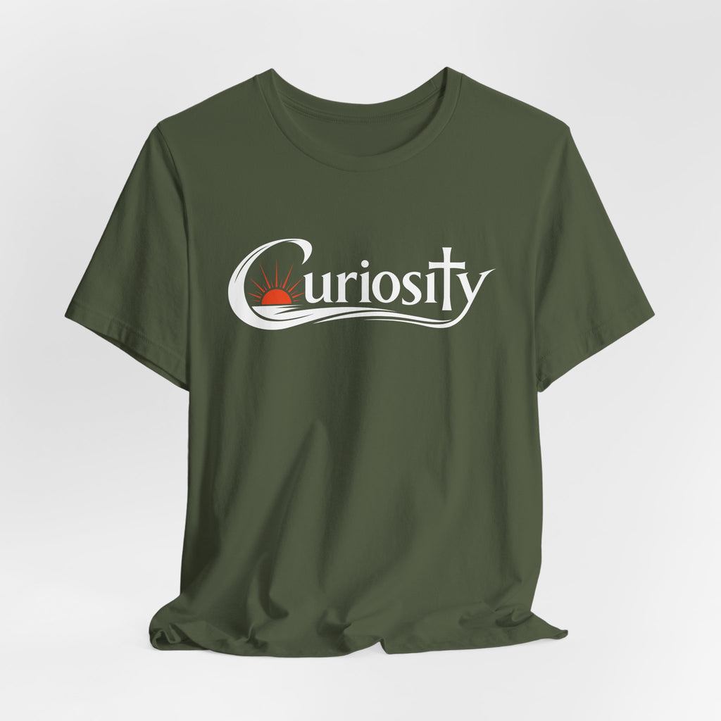 Curiosity Logo Tee | White Curiosity Text Graphic T-Shirt, Minimalist Science Design