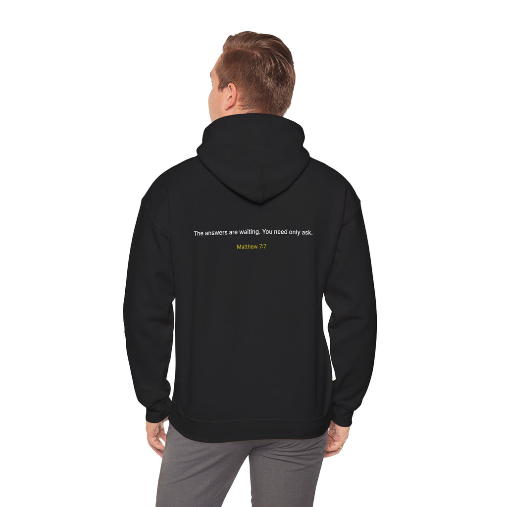 Curiosity Logo Hoodie | "The answers are waiting." White text.