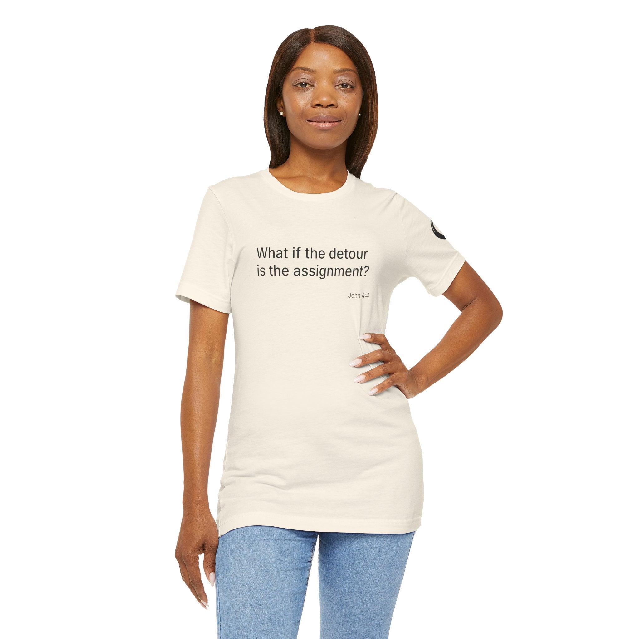 "What if the detour is the assignment?" Black Lettering & Logo – Minimal Motivational T-Shirt