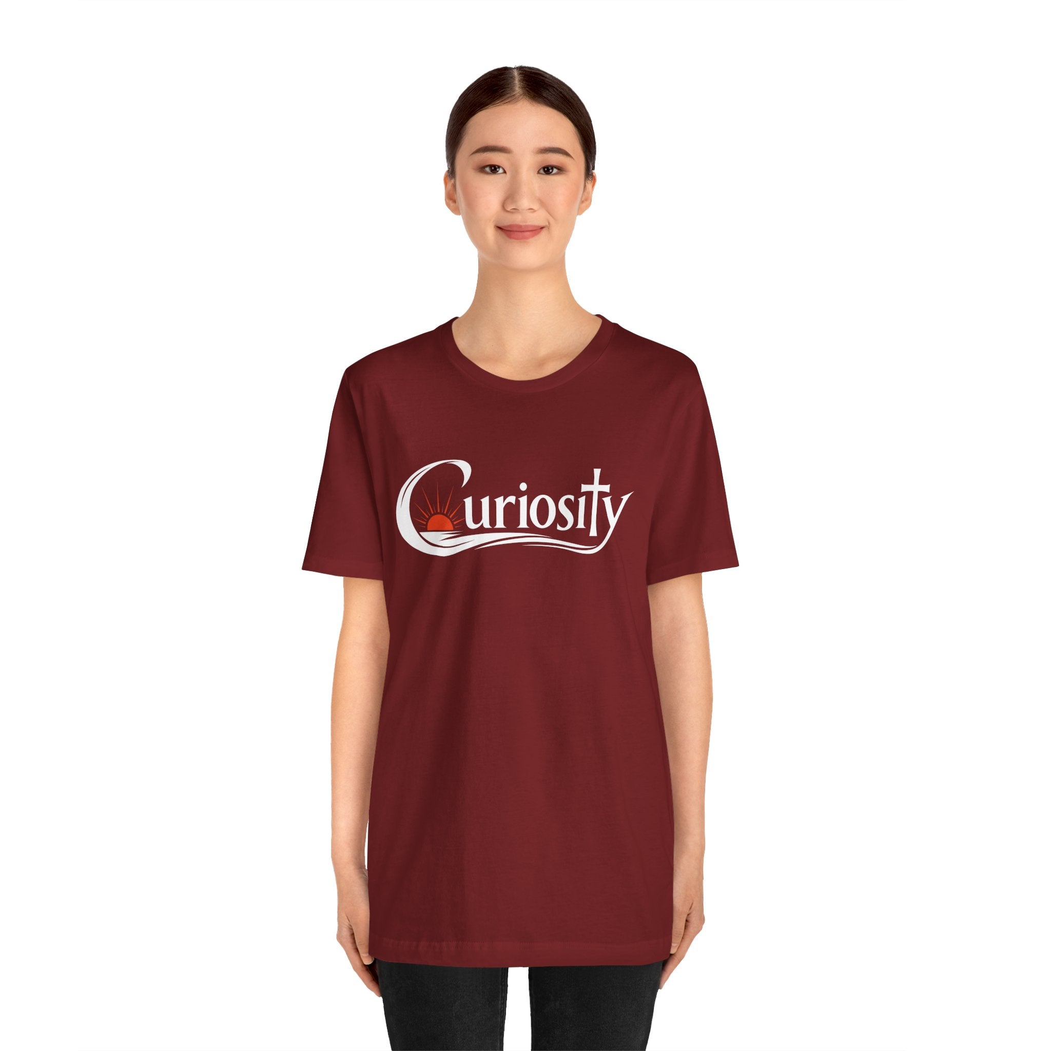 Curiosity Logo Tee | White Curiosity Text Graphic T-Shirt, Minimalist Science Design