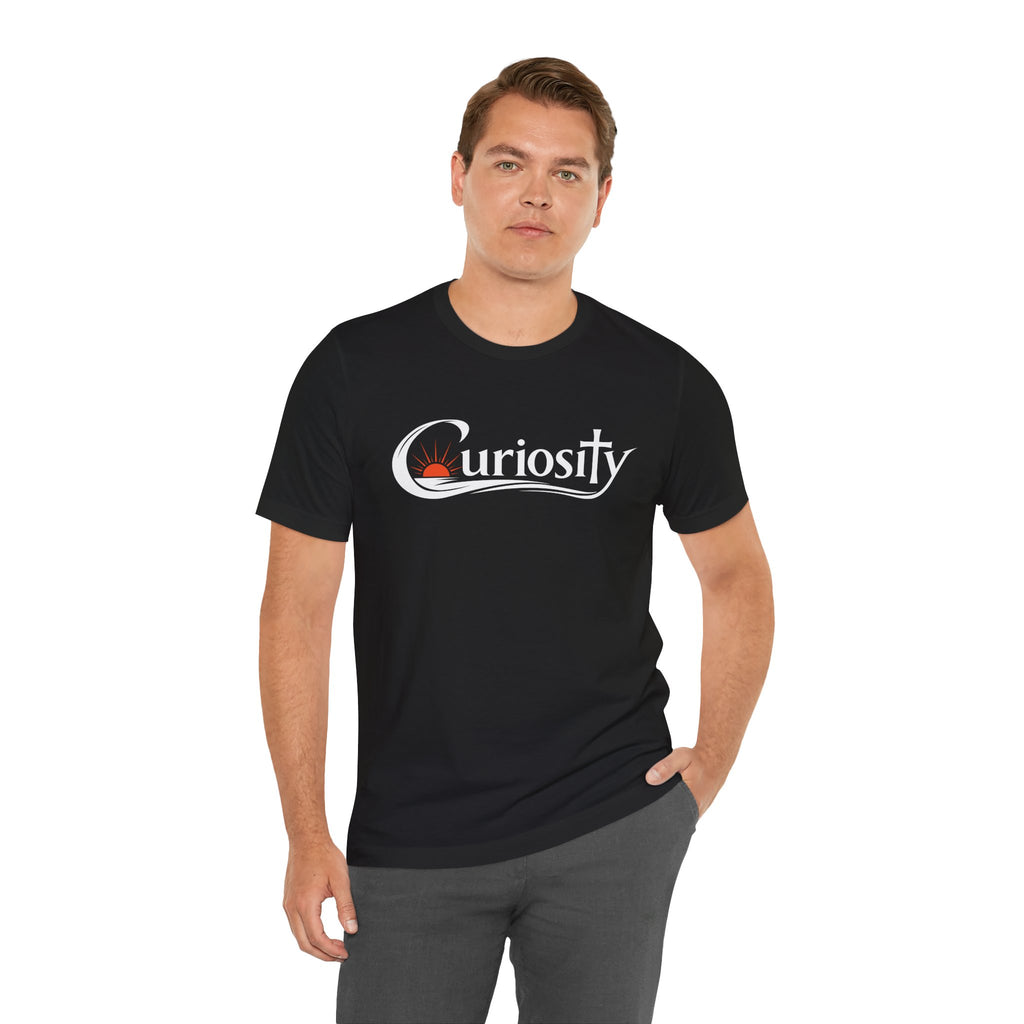 Curiosity Logo Tee | White Curiosity Text Graphic T-Shirt, Minimalist Science Design