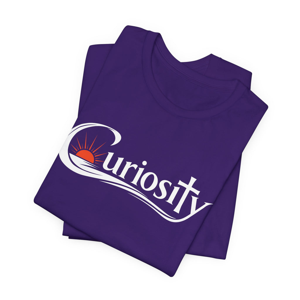 Curiosity Logo Tee | White Curiosity Text Graphic T-Shirt, Minimalist Science Design