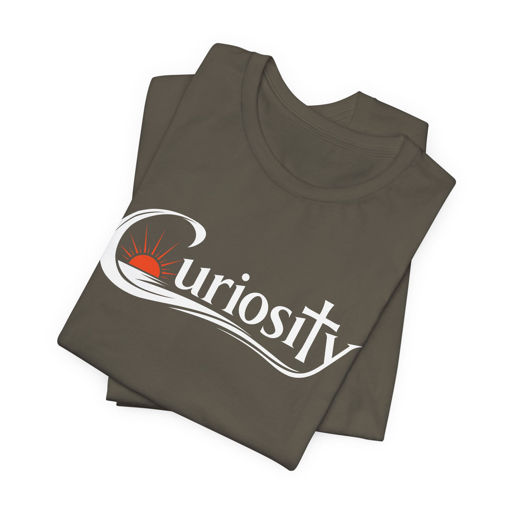 Curiosity Logo Tee | White Curiosity Text Graphic T-Shirt, Minimalist Science Design