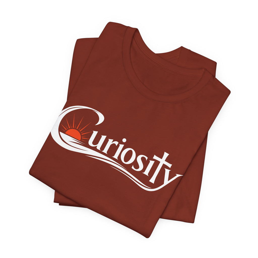 Curiosity Logo Tee | White Curiosity Text Graphic T-Shirt, Minimalist Science Design