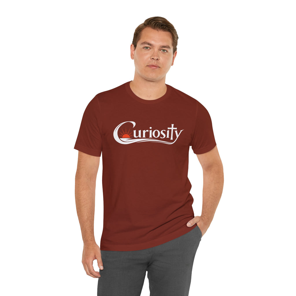 Curiosity Logo Tee | White Curiosity Text Graphic T-Shirt, Minimalist Science Design