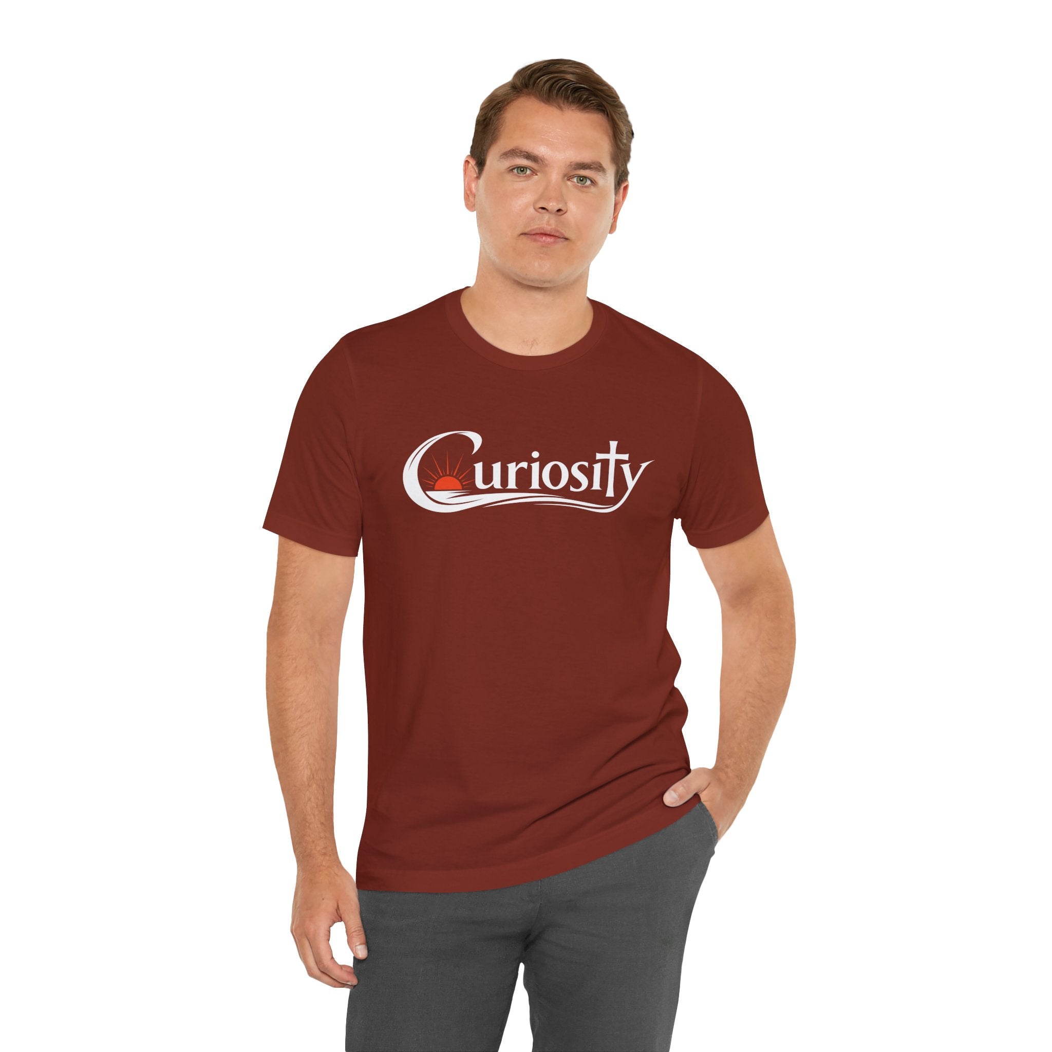 Curiosity Logo Tee | White Curiosity Text Graphic T-Shirt, Minimalist Science Design