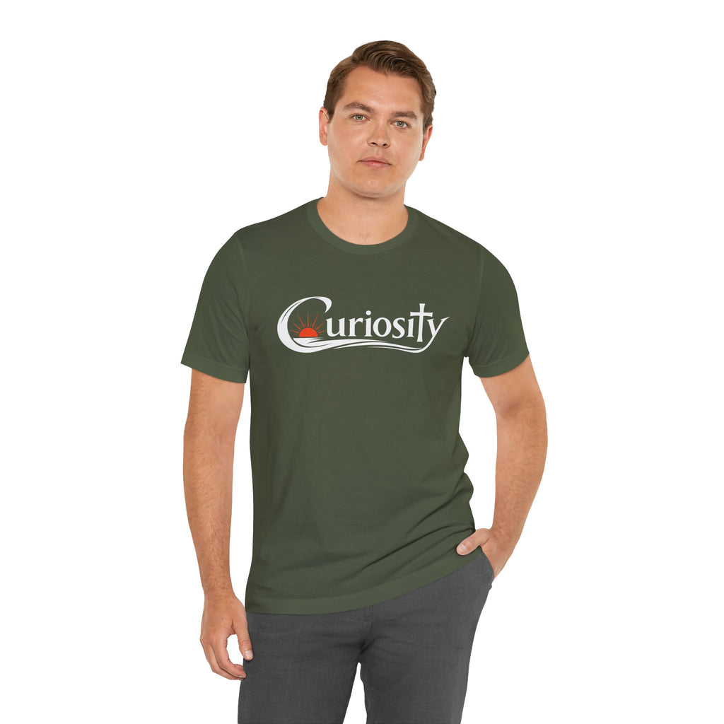 Curiosity Logo Tee | White Curiosity Text Graphic T-Shirt, Minimalist Science Design