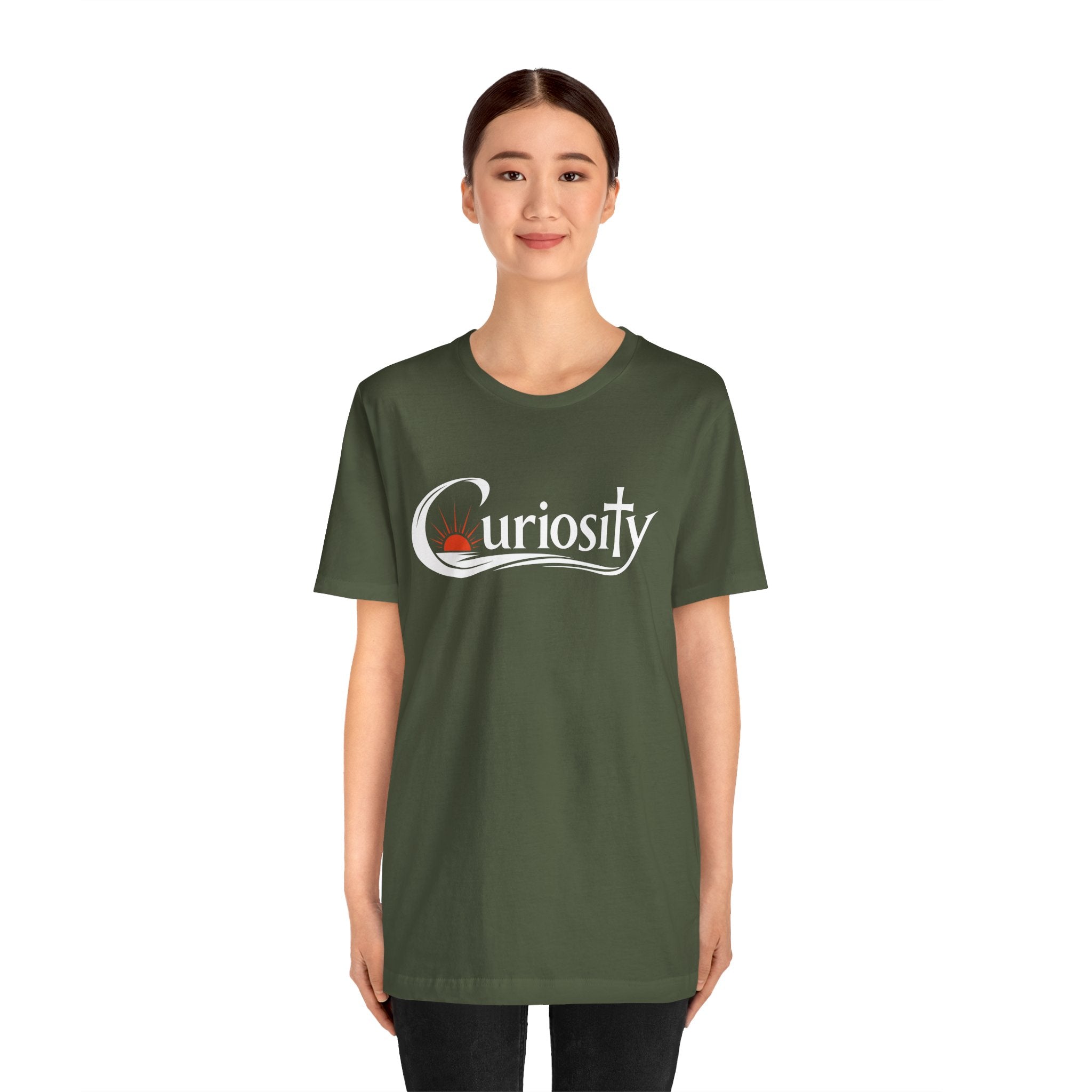 Curiosity Logo Tee | White Curiosity Text Graphic T-Shirt, Minimalist Science Design