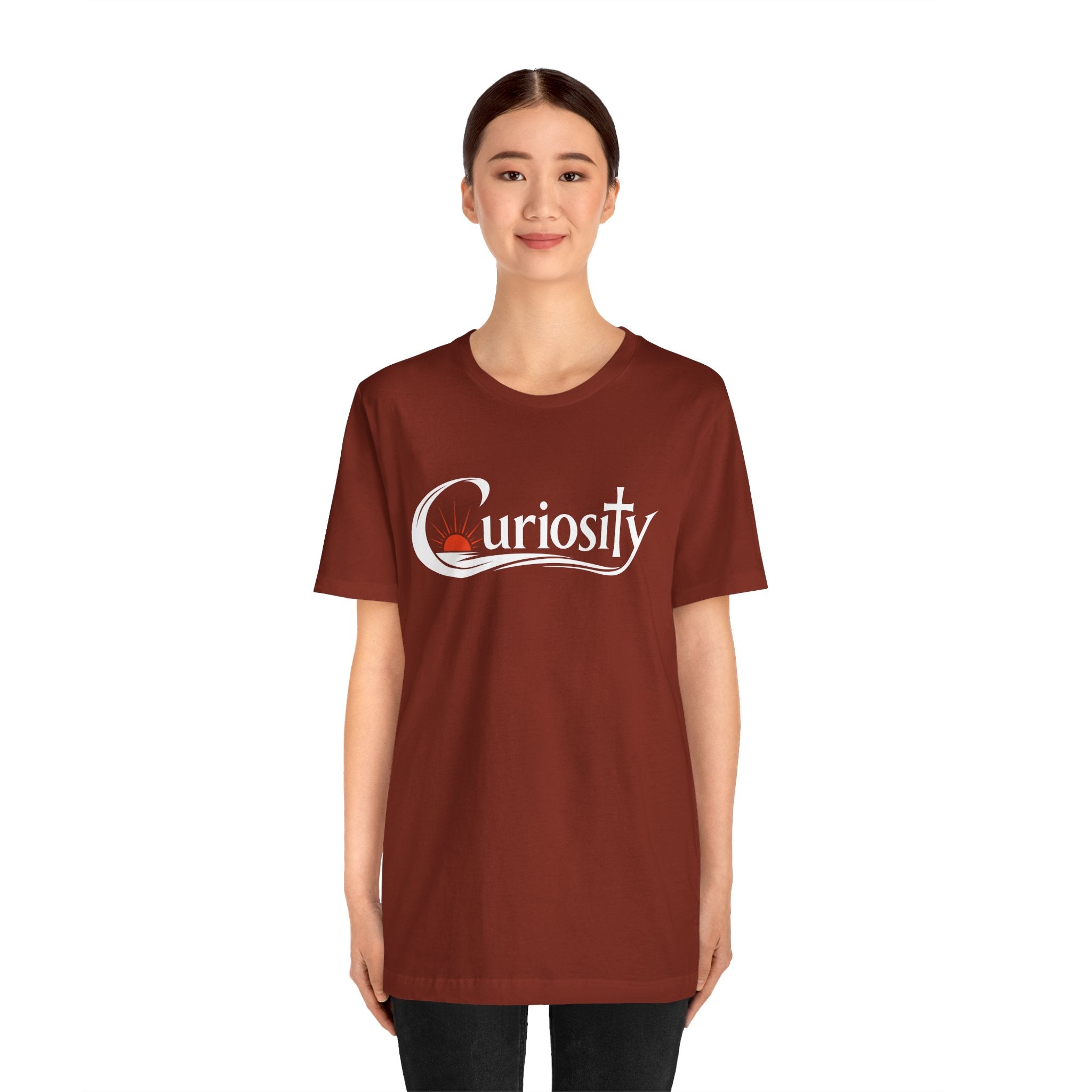 Curiosity Logo Tee | White Curiosity Text Graphic T-Shirt, Minimalist Science Design