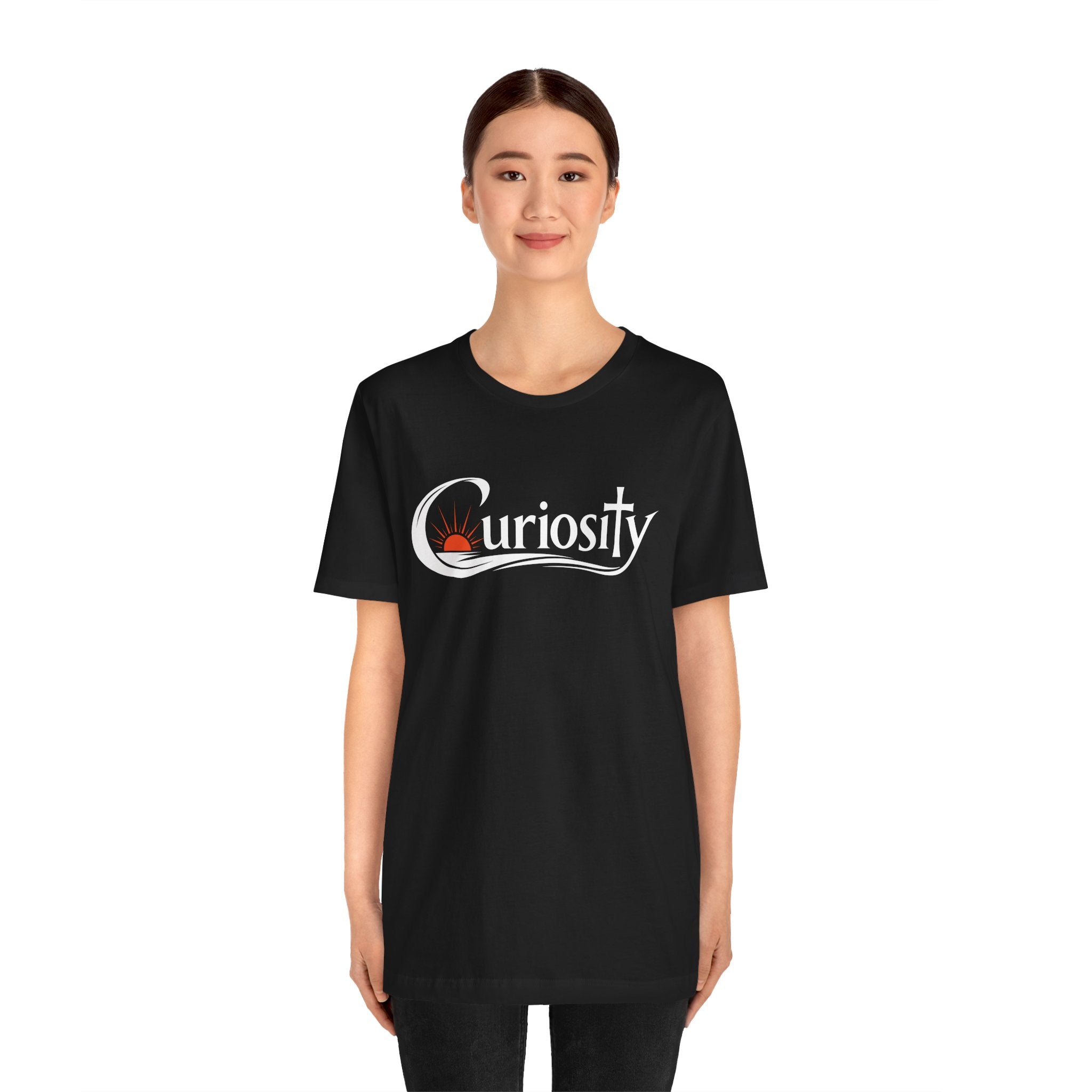 Curiosity Logo Tee | White Curiosity Text Graphic T-Shirt, Minimalist Science Design