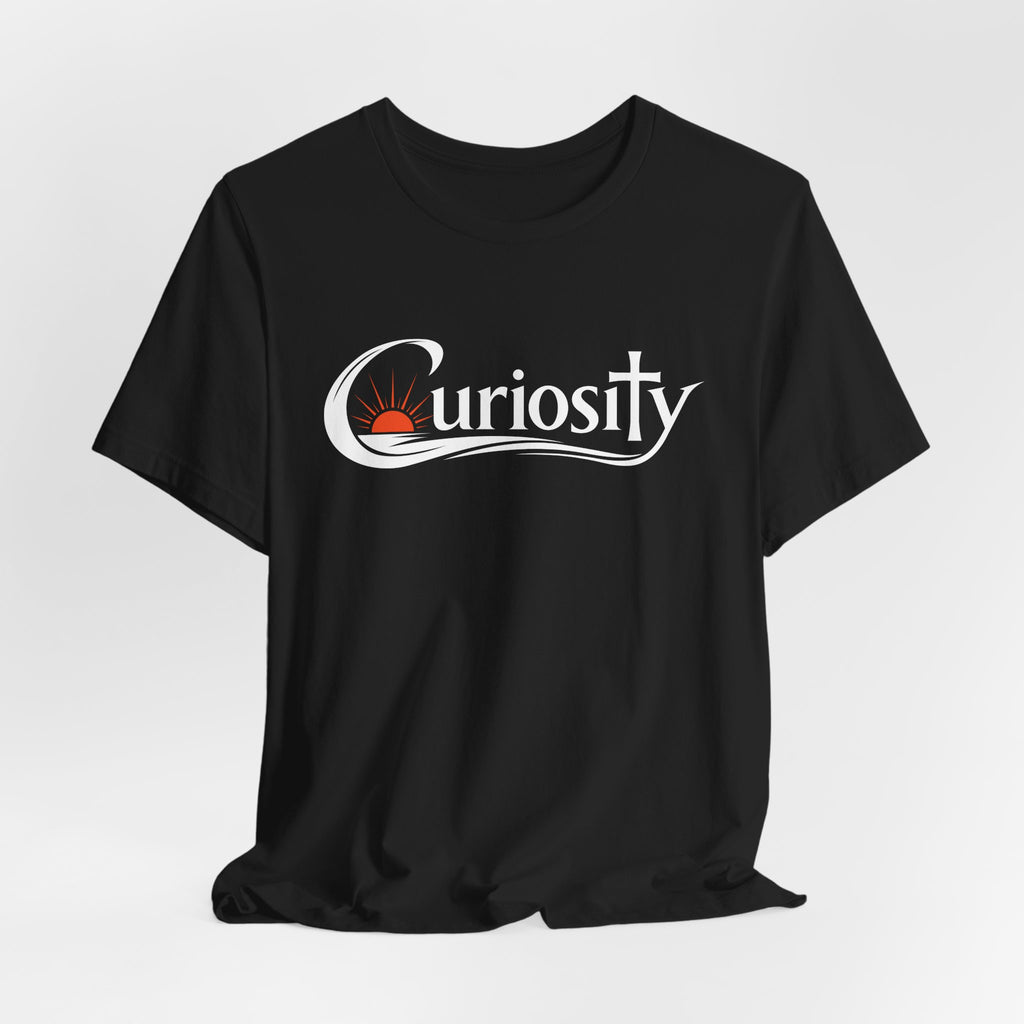 Curiosity Logo Tee | White Curiosity Text Graphic T-Shirt, Minimalist Science Design