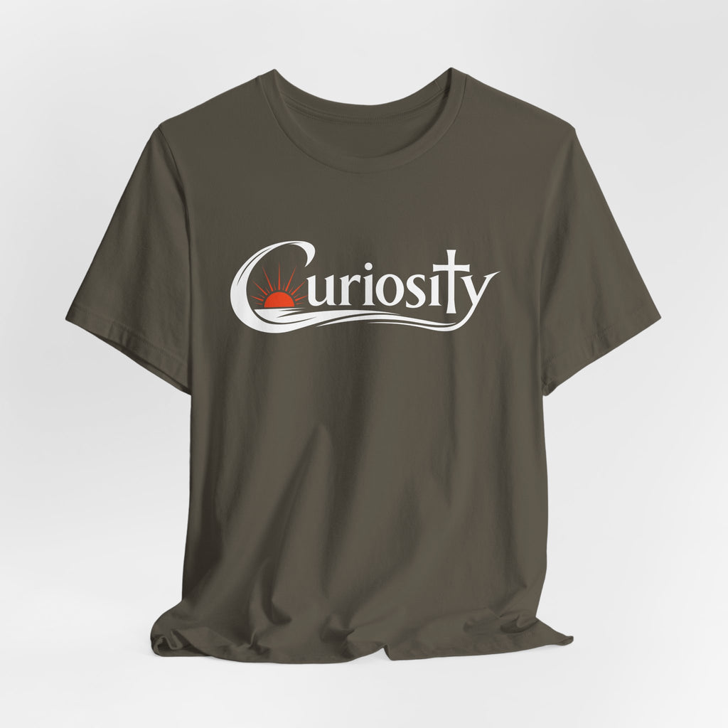 Curiosity Logo Tee | White Curiosity Text Graphic T-Shirt, Minimalist Science Design