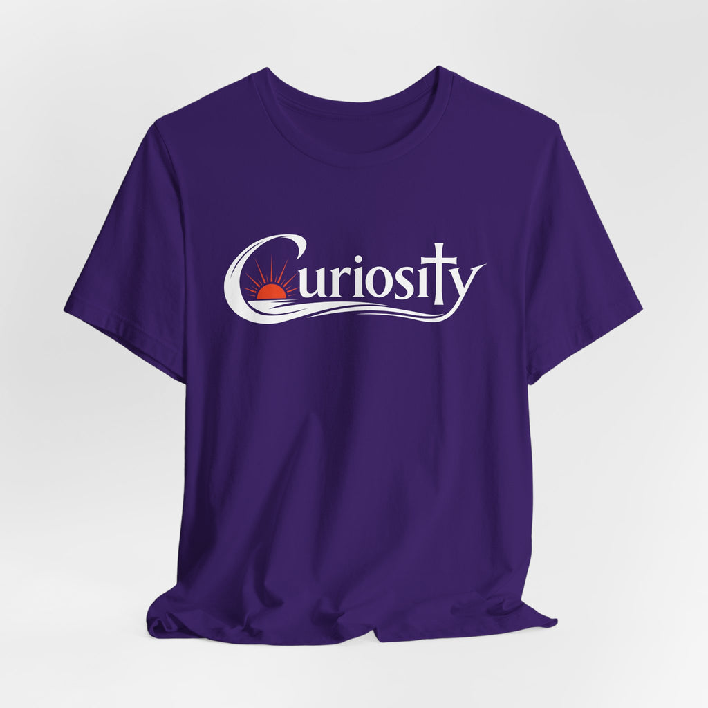 Curiosity Logo Tee | White Curiosity Text Graphic T-Shirt, Minimalist Science Design