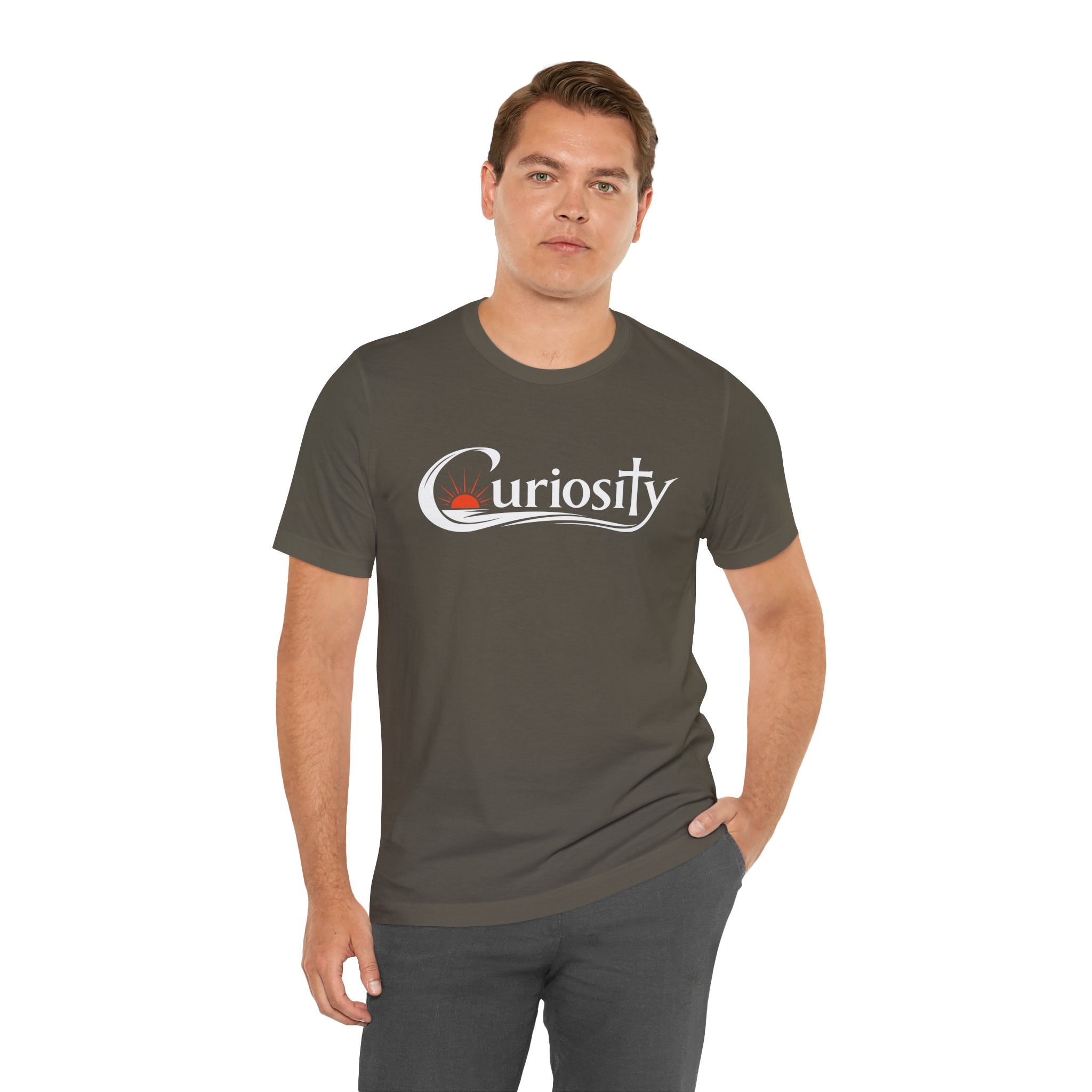 Curiosity Logo Tee | White Curiosity Text Graphic T-Shirt, Minimalist Science Design