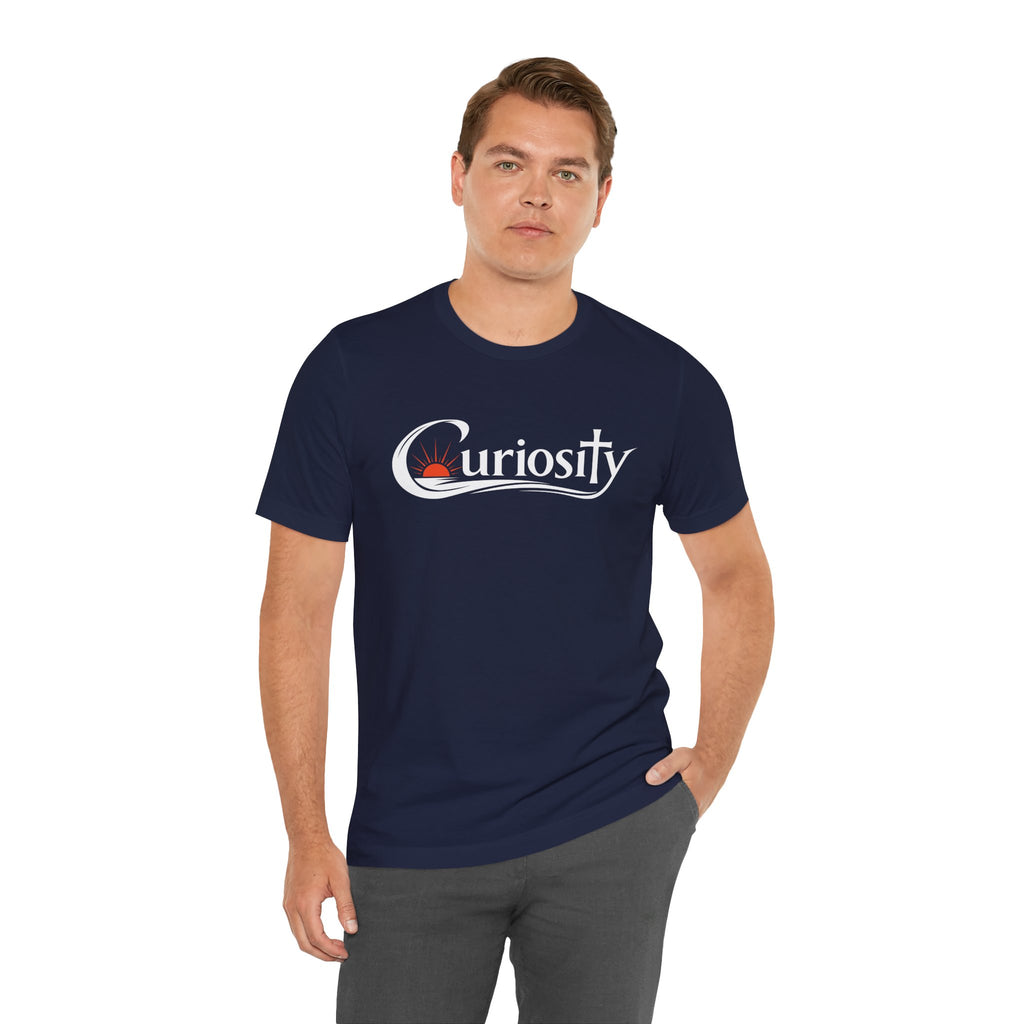 Curiosity Logo Tee | White Curiosity Text Graphic T-Shirt, Minimalist Science Design