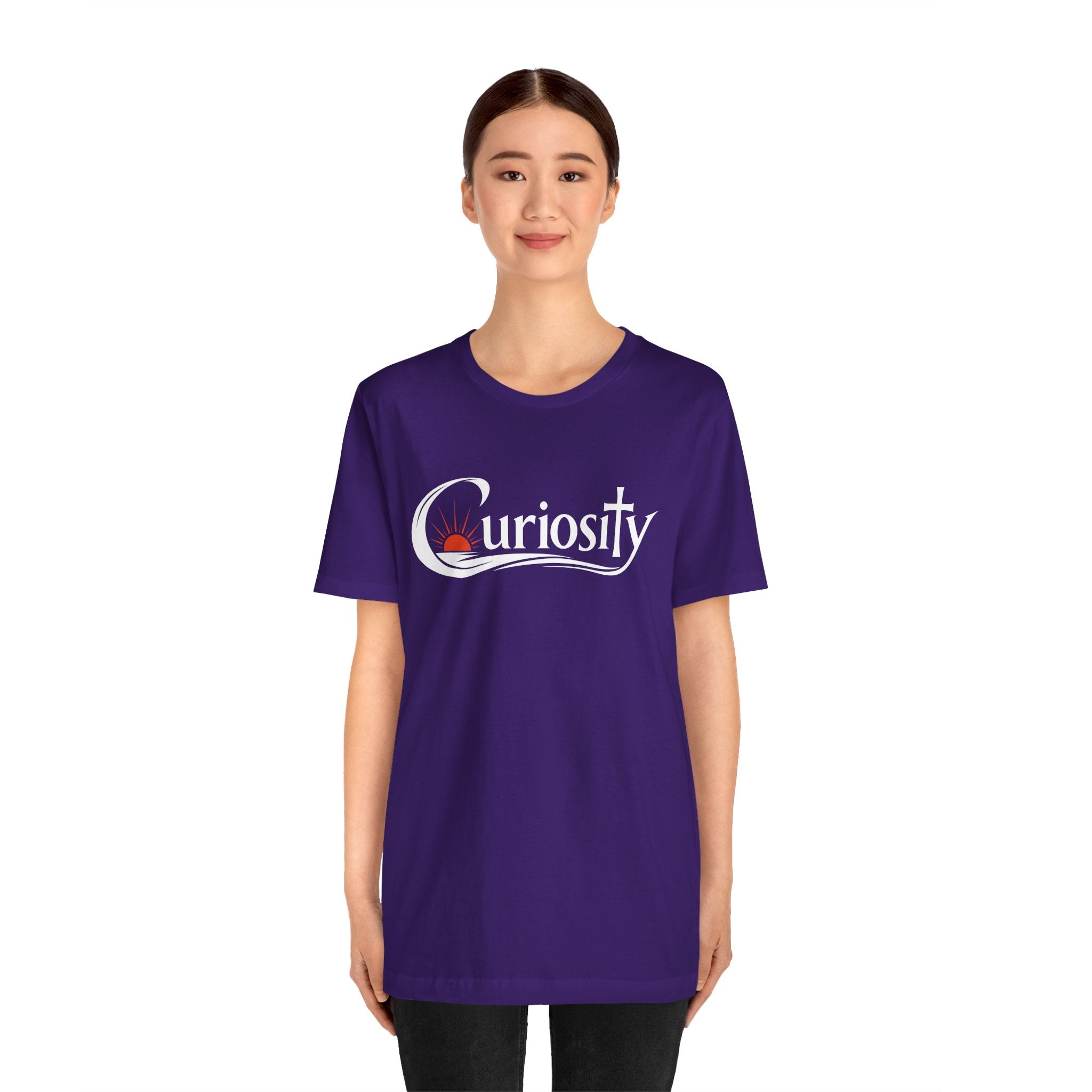 Curiosity Logo Tee | White Curiosity Text Graphic T-Shirt, Minimalist Science Design