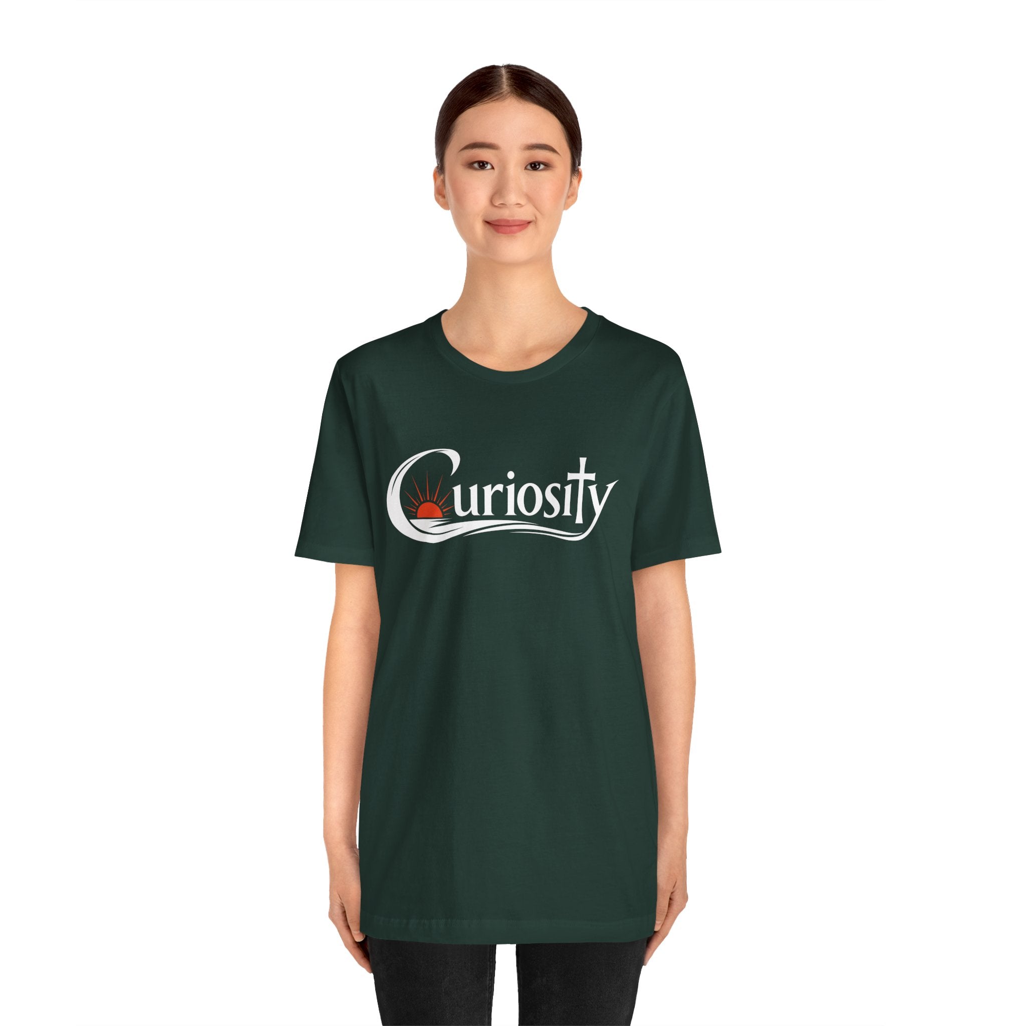 Curiosity Logo Tee | White Curiosity Text Graphic T-Shirt, Minimalist Science Design