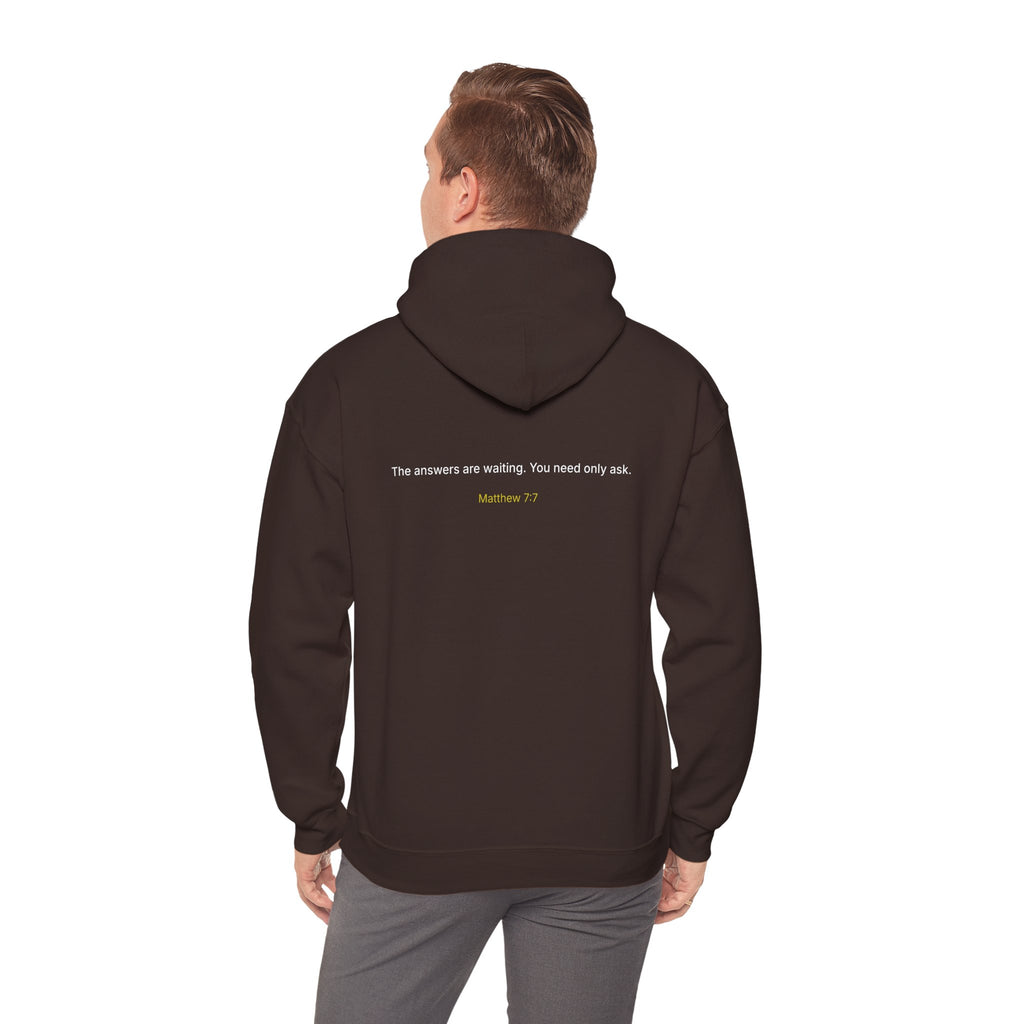 Curiosity Logo Hoodie | "The answers are waiting." White text.