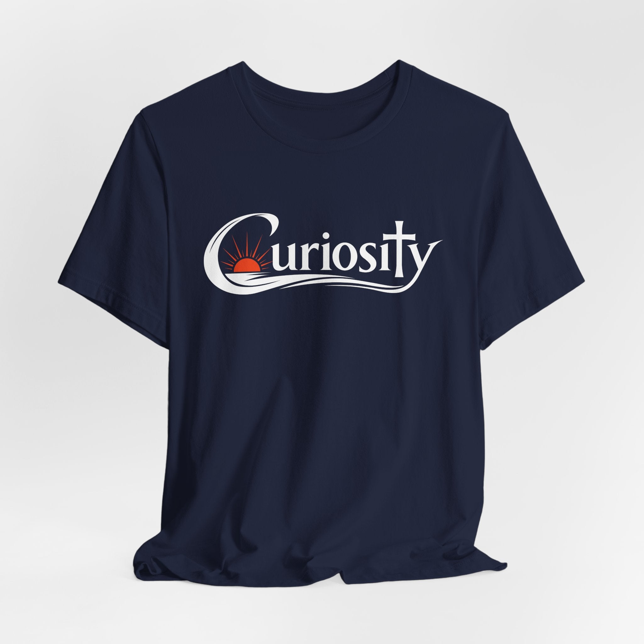Curiosity Logo Tee | White Curiosity Text Graphic T-Shirt, Minimalist Science Design