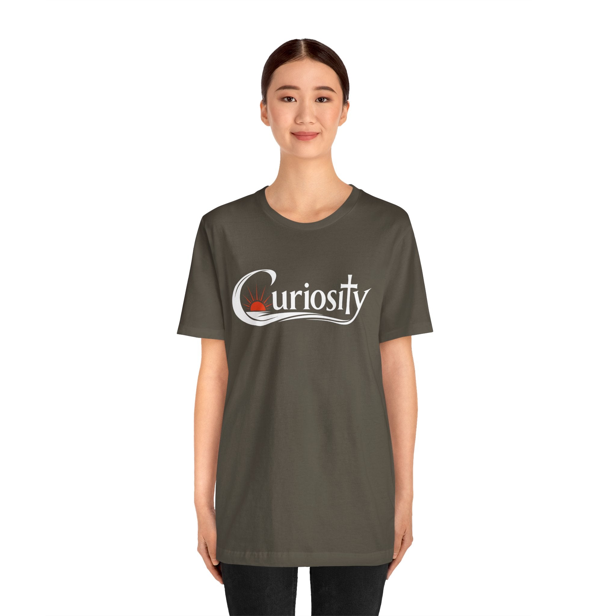 Curiosity Logo Tee | White Curiosity Text Graphic T-Shirt, Minimalist Science Design